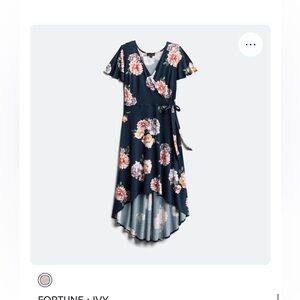 Navy Floral Faux Wrap High Low Dress